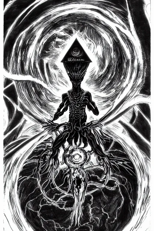 Prompt: Anime Character ryuk in the center giygas epcotinside a space station eye of providence Beksinski Finnian vivid HR Giger to eye hellscape mind character Environmental