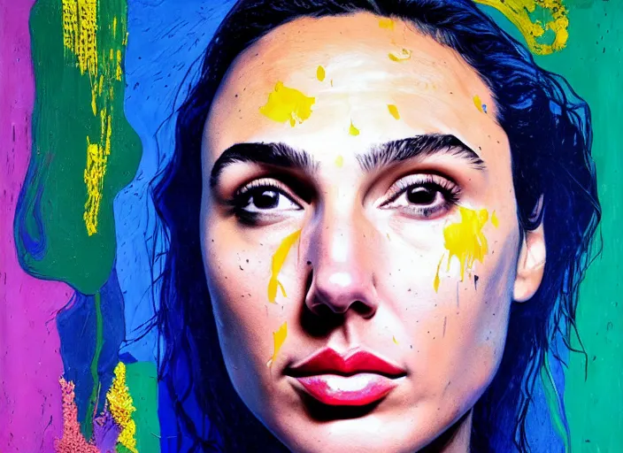 Image similar to portrait of gal gadot crying, by vincent lefevre and hernan bas and pat steir and hilma af klint, psychological, photorealistic, dripping paint, washy brush, rendered in octane, altermodern, masterpiece