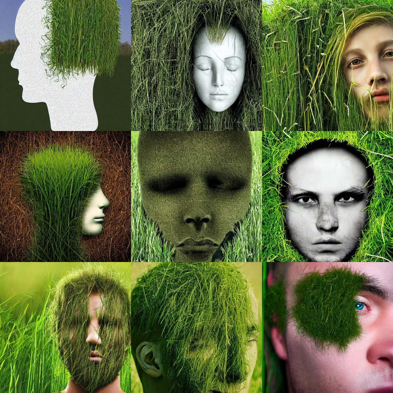 Prompt: human head overgrown with grass,