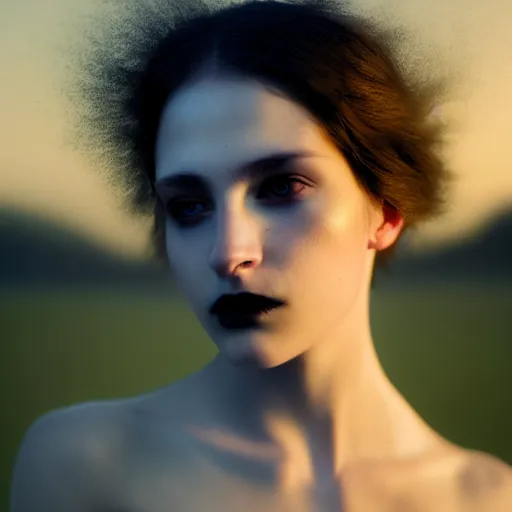 Image similar to photographic portrait of a stunningly beautiful emotional gothic female in soft dreamy light at sunset, contemporary fashion shoot, by edward robert hughes, annie leibovitz and steve mccurry, david lazar, jimmy nelsson, breathtaking, 8 k resolution, extremely detailed, beautiful, establishing shot, artistic, hyperrealistic, beautiful face, octane render