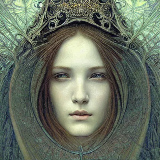 Image similar to detailed realistic beautiful young medieval queen face portrait by jean delville, gustave dore and marco mazzoni, art nouveau, symbolist, visionary, gothic, pre - raphaelite