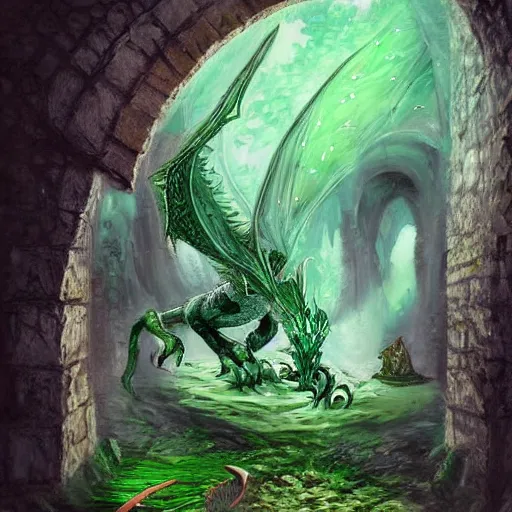 Prompt: fairy tale, painting, large green dragon!!!, venomfang, dnd, inside a dungeon, realistic, dungeons and dragons, cinematic composition, kodachrome, practical effect