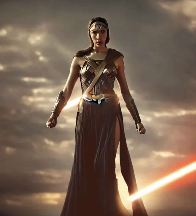 Image similar to gal gadot in star wars, movie still frame, hd, remastered, film grain, cinematic lighting