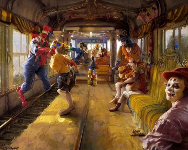 Image similar to clowns robbing inside a train using water guns, highly detailed painting by gaston bussiere, craig mullins, j. c. leyendecker 8 k