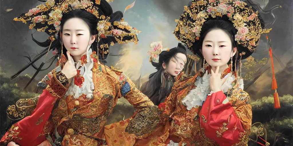 Prompt: Highly detailed and cinematic romantic period oil painting of the Chinese pirate queen Zheng Yi Sao, strong atmosphere, oil painting masterpiece by Josep Tapiró Baró, symmetry, fractals