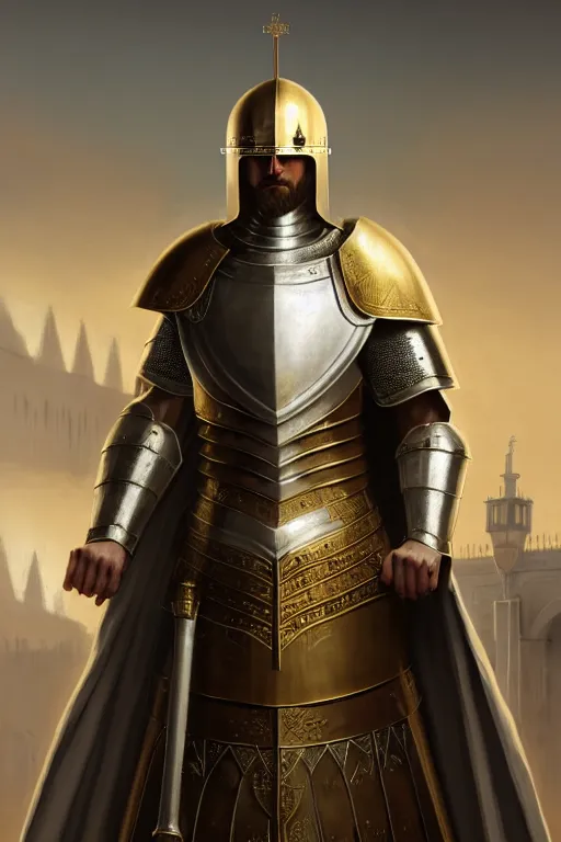 Prompt: white man looking forward in iron decorated plate armor with golden cross on chest, cylindrical crusader great helm covering all his head and white silk cape covering his back and elbows standing at the gates of jerusalem drawn by greg rutkowski realistic high detail