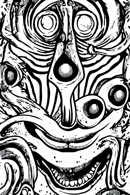 Prompt: alien face black and white illustration