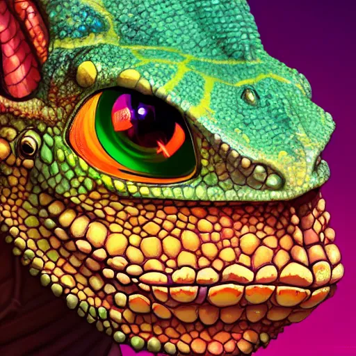 Image similar to close up portrait of a young chameleon lizard man as a wizard, pixar style, stylized face, intricate detail, digital painting, glowing orange eyes, neon colors, whimsical, particles floating, background by wlop, artwork by ross tran and ramond swanland and liam wong and mike winklemann, trending on artstation