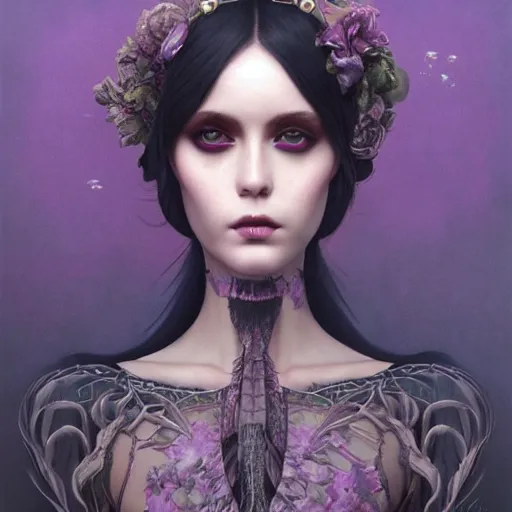 Prompt: photorealistic soft paint of absurdities and curiosities, very beautiful dollpunk female full long dress, ultra deep fog, purple black lustrous thin haircut, symmetry accurate features, focus, very intricate ultrafine details, award winning masterpiece, tom bagshaw ross tran
