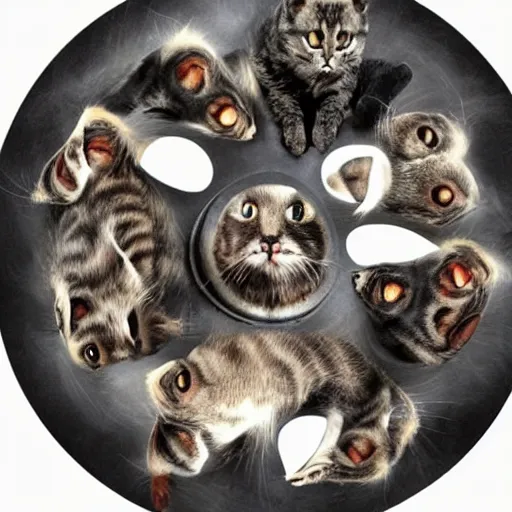 Image similar to a wheel made out of cats, realism, realistic, hyperdetailed, highly detailed, detailed fur, cute, soft