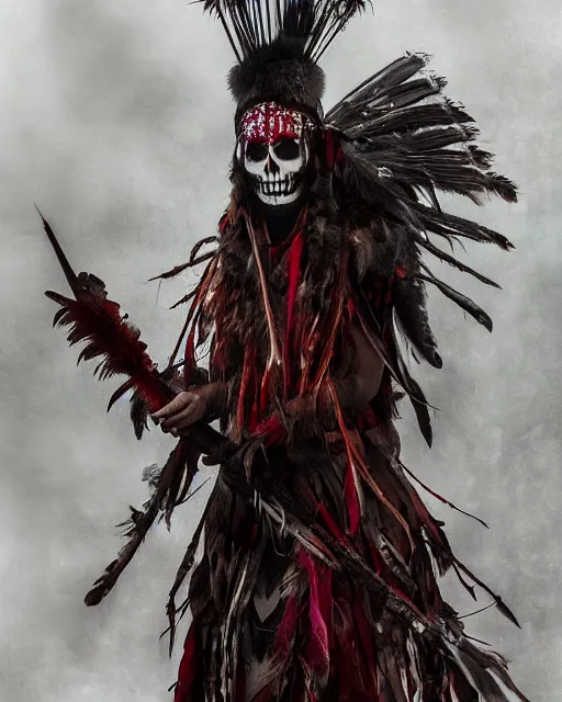 Image similar to the ghost - spirit of the grim - warpaint wears the scarlet skull armor and native blood headdress feathers, midnight fog - mist!, dark oil painting colors, realism, cinematic lighting, various refining methods, micro macro autofocus, ultra definition, award winning photo