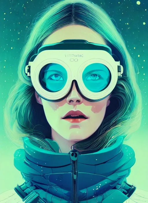 Prompt: portrait of beautiful nordic woman wearing night vision goggles, blue eyes, artstation winner by victo ngai, kilian eng and by jake parker, by conrad roset, swirly vibrant color lines, winning award masterpiece, fantastically gaudy, aesthetic octane render, 8 k hd resolution