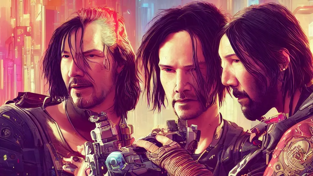 Image similar to a cyberpunk 2077 srcreenshot couple portrait of a Keanu Reeves and a female android final kiss,love,film lighting,by Laurie Greasley,Lawrence Alma-Tadema,Andrei Riabovitchev,Dan Mumford,John Wick,Speed,Replicas,artstation,deviantart,FAN ART,full of color,Digital painting,face enhance,highly detailed,8K,octane,golden ratio,cinematic lighting