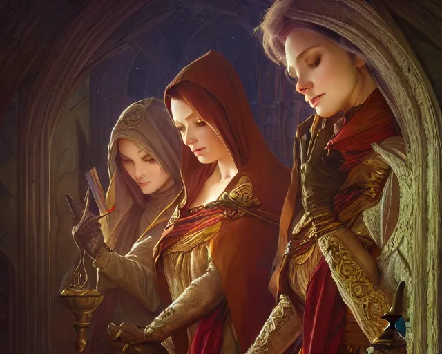 Image similar to photography of the three marys at the sepulchre, deep focus, d & d, fantasy, intricate, elegant, highly detailed, digital painting, artstation, concept art, matte, sharp focus, illustration, hearthstone, art by artgerm and greg rutkowski and alphonse mucha