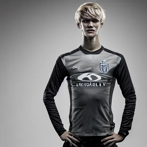 Prompt: a realistic detailed photo of a guy who is an attractive humanoid who is half robot and half humanoid, who is a male android, soccer player martin ødegaard, shiny skin, posing like a statue, blank stare, in a living room, on display, showing off his muscles, spiral eyes