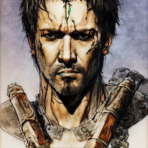 Image similar to self portrait, roman man with battle scar on his chest holding his sword on his shoulder by yoji shinkawa, pencil art, detailed, handsome, colored, bloody