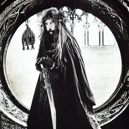 Prompt: a stunning portrait of an aristocratic warrior, by ayami kojima, daniel merriam, john bauer, brian froud, cathedral in the background, stage lighting, kodak eastman double - x black - and - white 5 2 2 2 film stock, panavision millennium xl 2, 1 9 3 0 s -'4 0 s baltar lenses