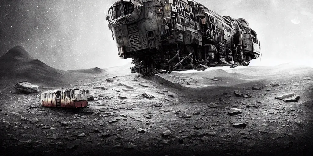 Image similar to digital art, trending on artstation, an old broken train on the moon, lunar landscape, moody