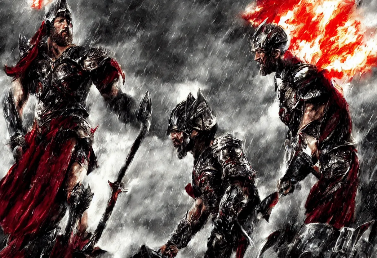 Image similar to leonidas king zack snyder artwork battle large scale wearing helmets raining fire swords and spears red capes battle scarred helmets