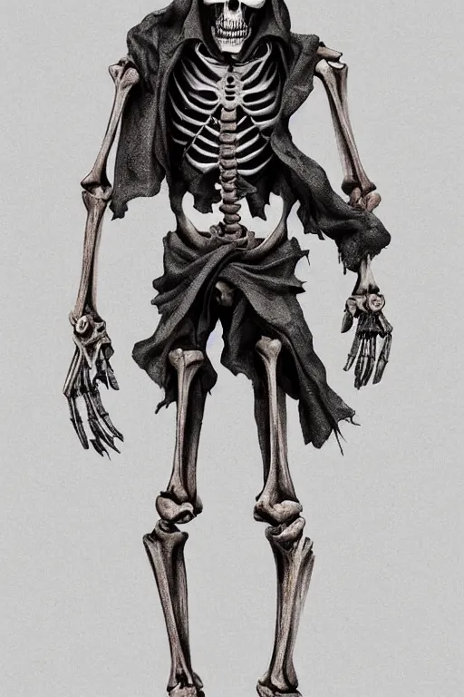 Image similar to a full body shot of a Grim Reaper by Tomohiro Shimoguchi, skeleton face,wears shorts, wears a destroyed hat ,highly detailed, trending on artstation,manga