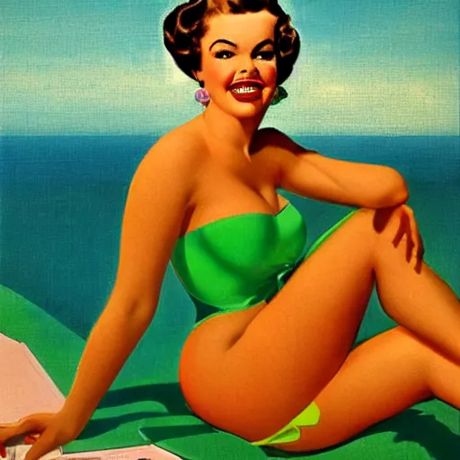 Image similar to portrait of pin up girl in a neon green bikini, art by gil elvgren, earl moran, joyce ballantyne, art frahm
