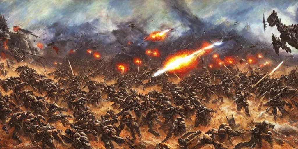 Prompt: world war 1 landscape of zergs destroying the terran soldiers, in an epic and bloody battle, beautiful painting