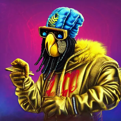Prompt: parrots wearing golden rings and necklaces, with rap cap on head, rapping and sitting on golden trees, rap scene, cyberpunk concept art, trending on artstation, highly detailed, digital art, 8 k