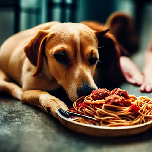 Image similar to photo of two dogs eating spaghetti and meatballs, tomato sauce, 50mm, beautiful photo