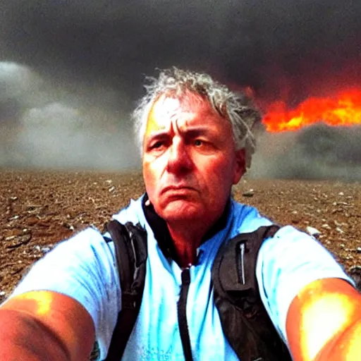 Prompt: final selfie taken by the sad exhausted last person remaining on earth in front of dramatic disasters in the style of roland emmerich during the terrifying apocalypse.