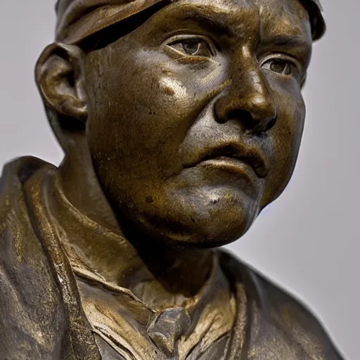 Prompt: high resolution photograph of a bronze cast sculpture of a sad peasant boy in the style of carl spitzweg