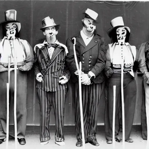 Image similar to photograph of a criminal lineup of circus clowns