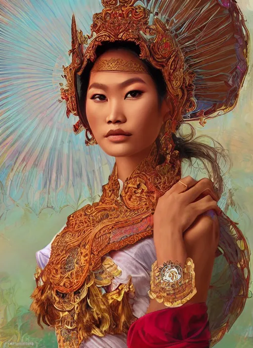 Prompt: portrait of an indonesian supermodels wearing traditional costume, highly detailed, digital painting, artstation, concept art, sharp focus, illustration, art by artgerm and james gurney and alphonse mucha