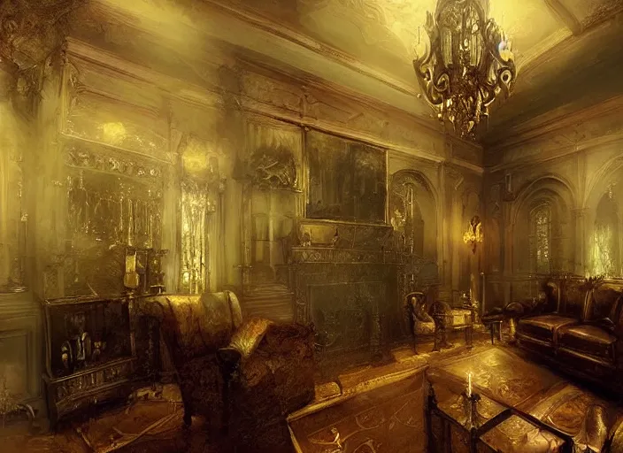 Prompt: gothic mansion room, ornate, elegant, artwork, paint, simple, illuminated, detailed, by bastien lecouffe deharme, by jeremy mann, by alexander fedosav