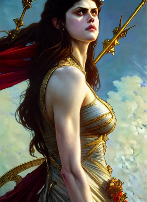 Image similar to alexandra daddario as queen, incredibly detailed face, light semi - open dress, true anatomy, art by artgerm and greg rutkowski and alphonse mucha