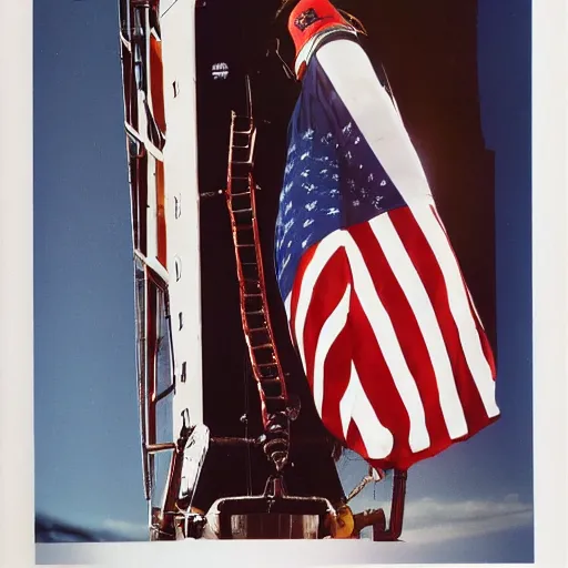 Image similar to donald trump strapped to a rocket sent into space, natural light, photograph - shot, by terry richardson