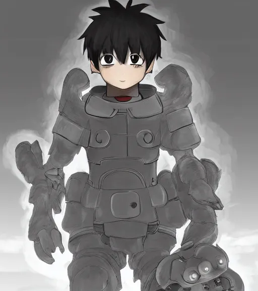 Prompt: attractive little boy wearing an cyborg bear suit, artwork in kentaro miura and made in abyss and inazuma eleven, smooth, beautiful lightness, anatomically correct, trending on pixiv, fantastic composition, realistic