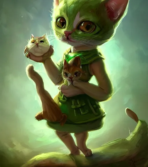 Image similar to cute little anthropomorphic Cat with big green eyes in summer dress, tiny, small, short, outfit, cute and adorable, pretty, beautiful, DnD character art portrait, matte fantasy painting, DeviantArt Artstation, by Jason Felix by Steve Argyle by Tyler Jacobson by Peter Mohrbacher, cinematic lighting