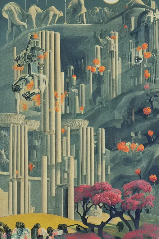 Prompt: night, stars, mecha robot, hanging gardens of babylon, temple of artemis at ephesus, waterfalls, blooming hills with spring flowers and pillars by helen lundeberg