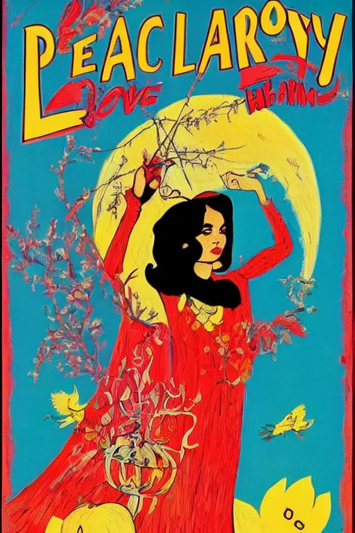 Image similar to poster for peace and love and harmony witch, 1 9 6 0 s