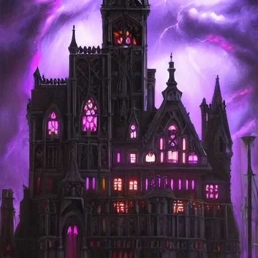 Prompt: dark and stormy eerie ornate gothic castle with purple lightning, extremely detailed, oil painting, 8k, trending on artstation