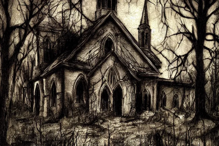 Image similar to mad horror painting of a old church in the woods by ben templesmith