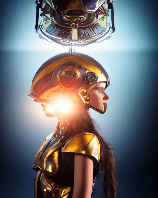 Image similar to centered medium shot fine studio photograph of a beautiful girl wearing only a mecha electronic native American indian helmet with bright lights, ultra-realistic, white background, 8k HDR sunset lit, intricate