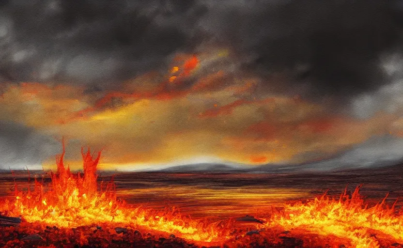 Image similar to post apocalyptic landscape in fire in digital art oil canvas