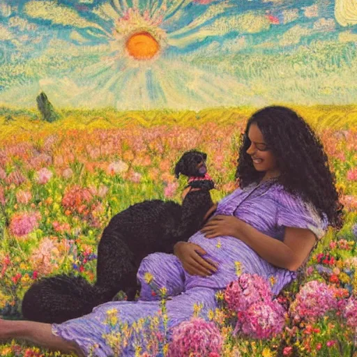 Image similar to egyptian man with long curly hair in a field of flowers, alongside a pregnant black woman with curly hair, laying down, picnic, with a tiny black puppy in the middle, golden hour, vintage, impressionist painting, fine art, oil painting, dreamy, pastel, laughing, happy, intricate details, sharp, peaceful, serene