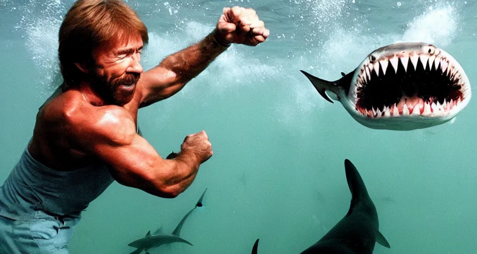 Prompt: Chuck Norris punching a shark underwater, photograph