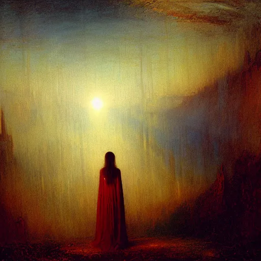 Image similar to a young woman lucid dreaming in cyberspace photoreal, atmospheric, by william turner, beksinski, caspar david friedrich, oil painting, romantism, realism, limited palette