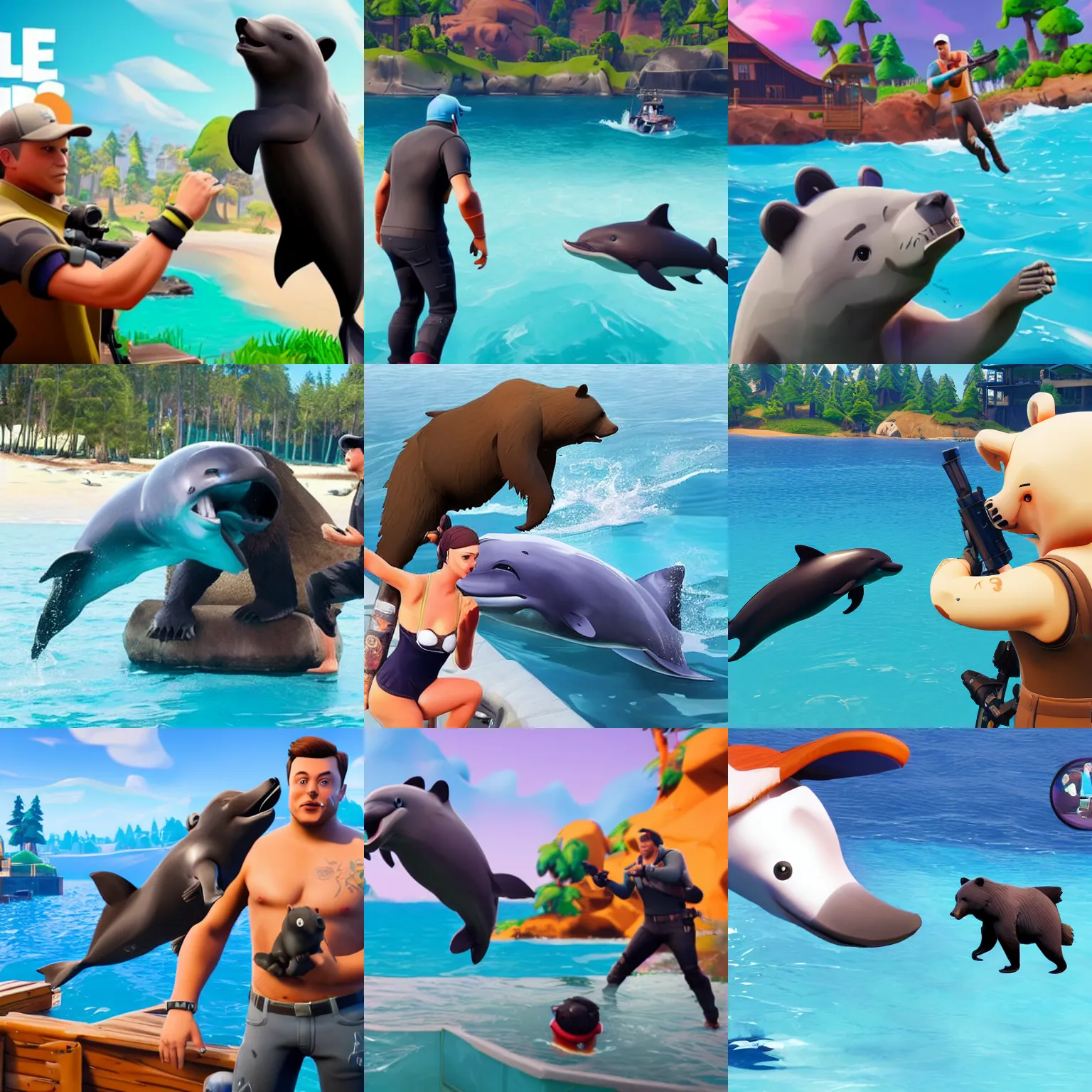 Prompt: bear flirting with a dolphin in fortnite while elon musk is watching