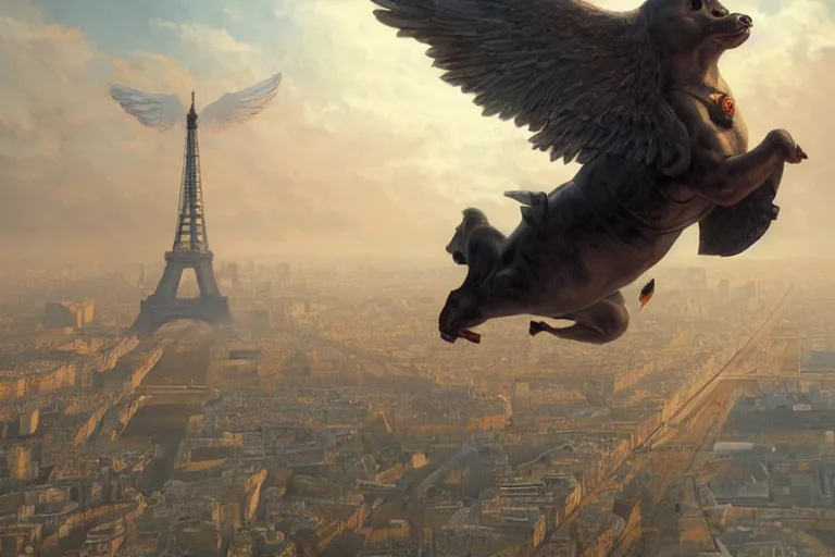 Image similar to a flying pig with angelic wings, flying over Paris, highly detailed, digital painting, artstation, concept art, smooth, sharp focus, illustration, wallpaper, art by artgerm and greg rutkowski and alphonse mucha and jin xiaodi and anthony devine