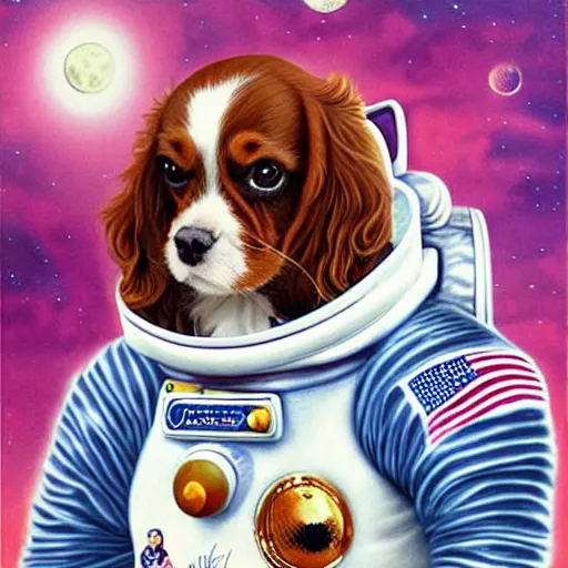 Image similar to cavalier king charles spaniel, wearing an astronaut helmet, on the moon, art by artgerm and david a hardy
