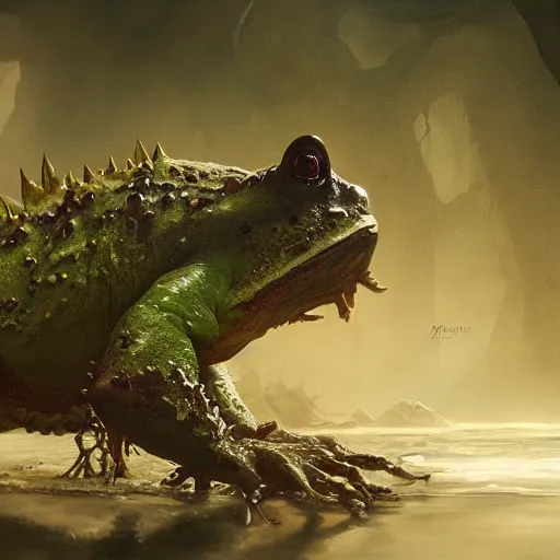 Image similar to monster frogbeast, spikes on back, swamp, greg rutkowski, trending on art station, magic the gathering, 4 k, matte painting